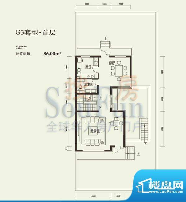 燕西台G3首层户型图 3厅1卫1厨面积:86.00平米