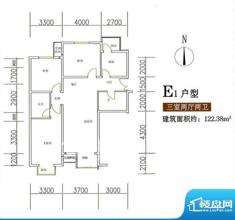 富北嘉园E1户型 3室2厅2卫1厨面积:122.38平米