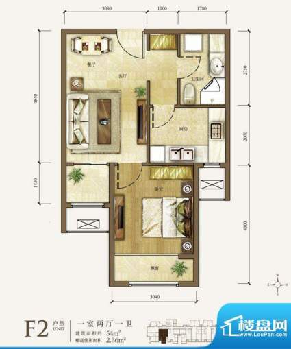 龙山华府F2户型 1室2厅1卫1厨面积:54.00平米