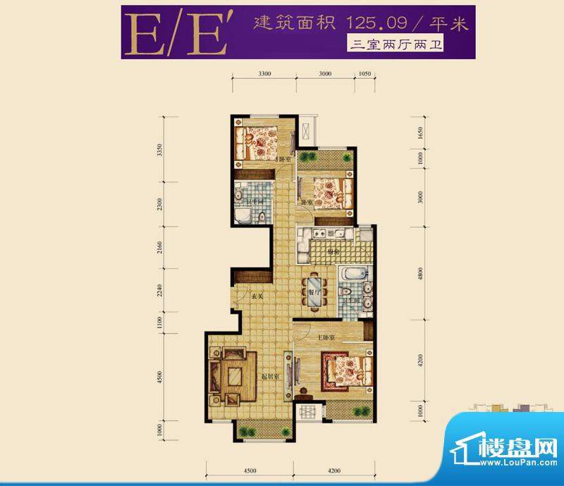 龙山华府E/E’户型 3室2厅2卫1面积:125.09平米