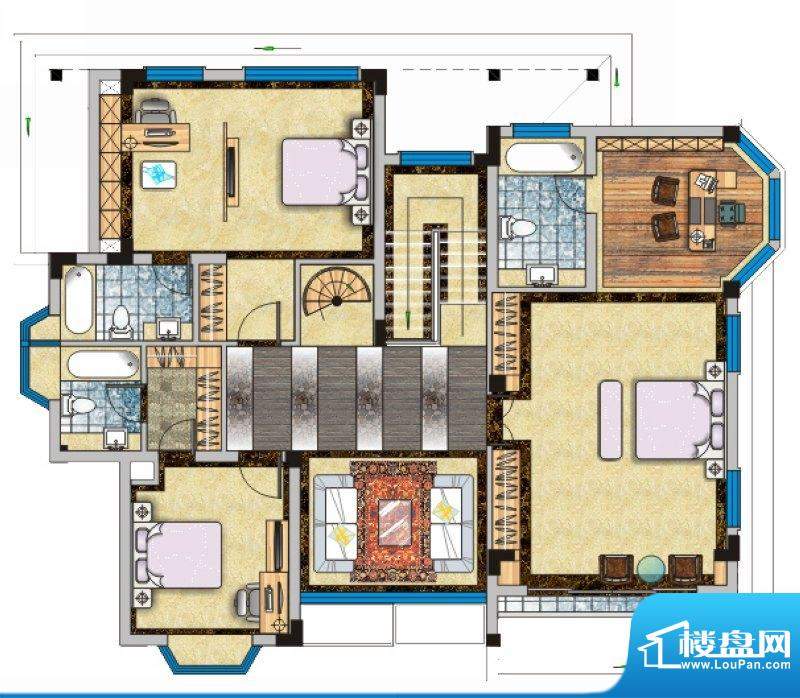 海南大公馆C户型二层平面图 3室面积:326.00平米