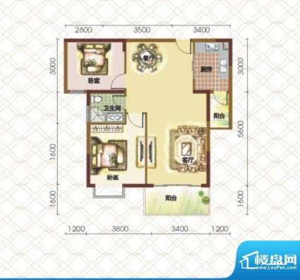 文航花园B户型 2室2厅1卫1厨面积:86.45平米