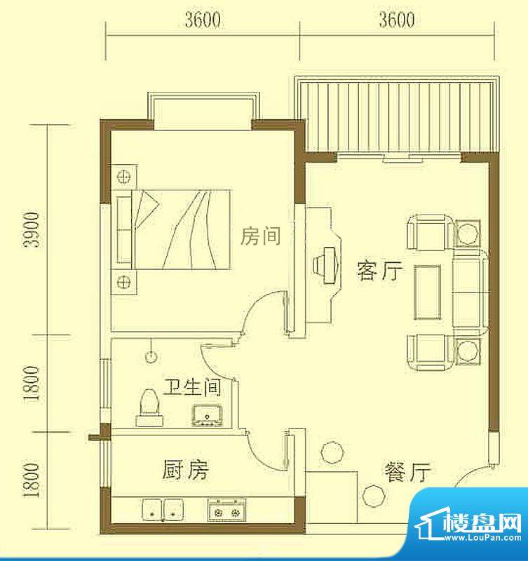 东海椰苑E1户型图 1室1厅1卫面积:64.93平米