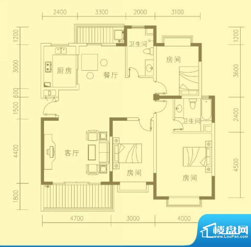 东海椰苑D户型图 3室2厅2卫面积:140.88平米