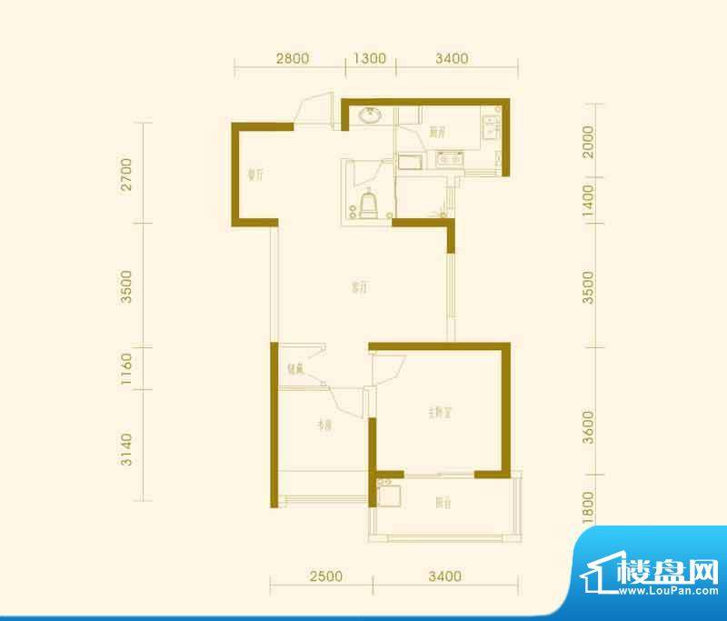 融侨上院9#楼B2户型 2室2厅1卫面积:73.65平米