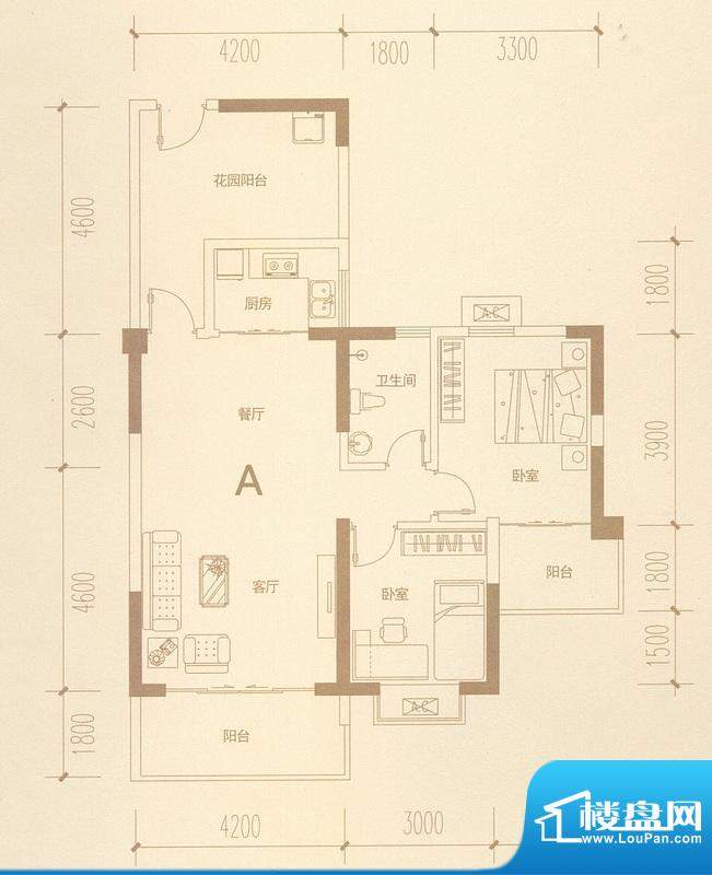 蓝水湾二期A户型图 2室2厅1卫1面积:93.07平米