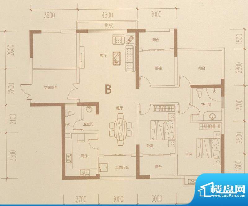 蓝水湾二期B户型图 3室2厅2卫1面积:140.97平米