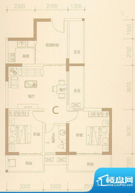 蓝水湾二期C户型图 2室2厅1卫1面积:78.72平米