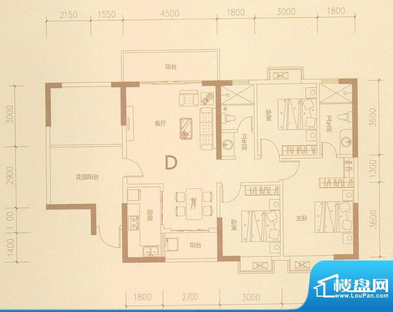 蓝水湾二期D户型图 3室2厅2卫1面积:127.17平米