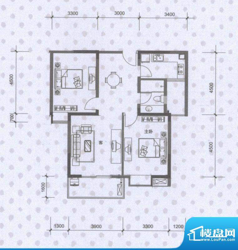 长城天一家园17#s1户型 2室2厅面积:89.71平米