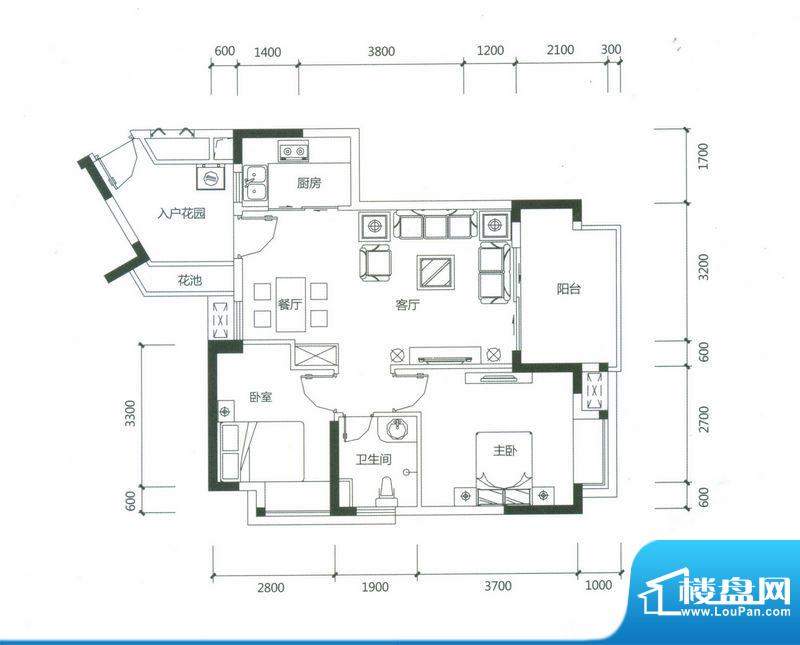 鑫源锦程A-2户型 2室2厅1卫1厨面积:81.96平米