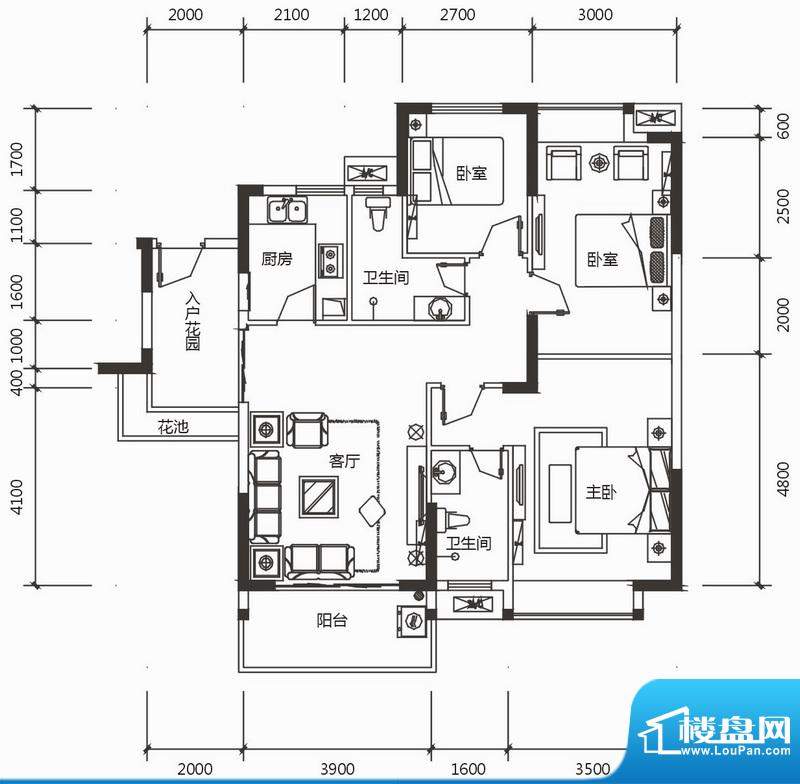 鑫源锦程C-1户型 3室2厅2卫1厨面积:107.00平米