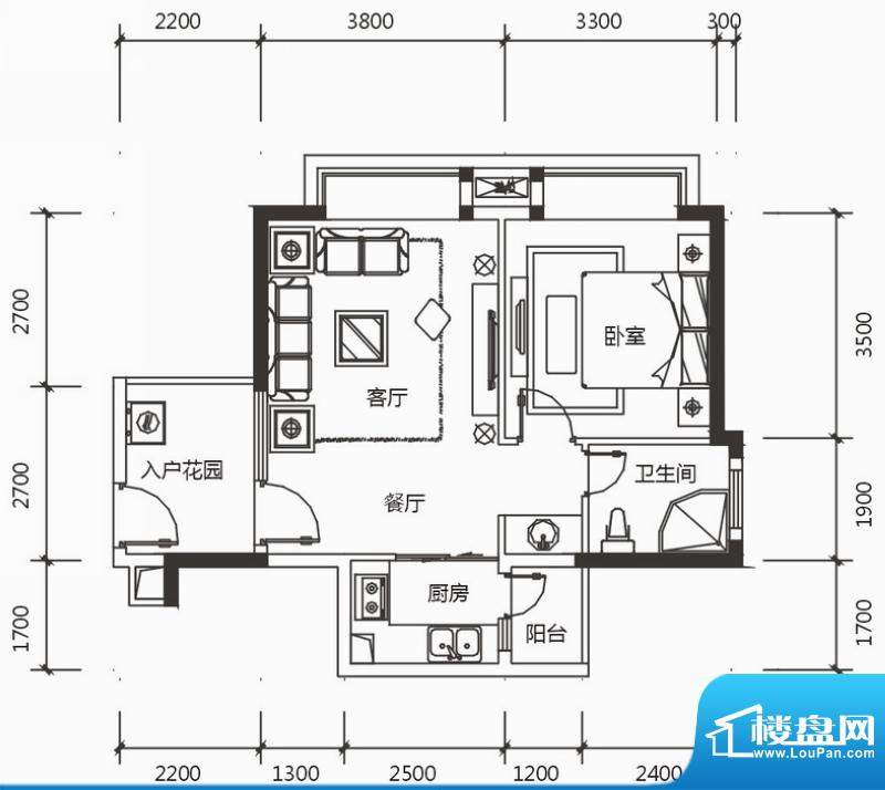 鑫源锦程B-1户型图 1室2厅1卫1面积:56.00平米