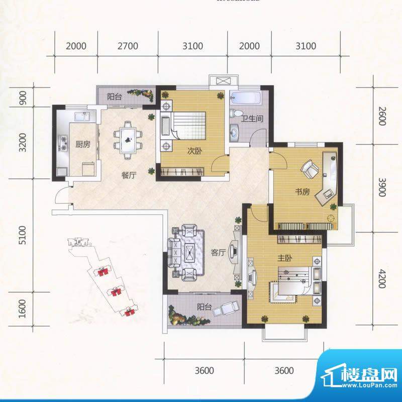 金水湾花园3#B1户型 3室2厅1卫面积:115.00平米