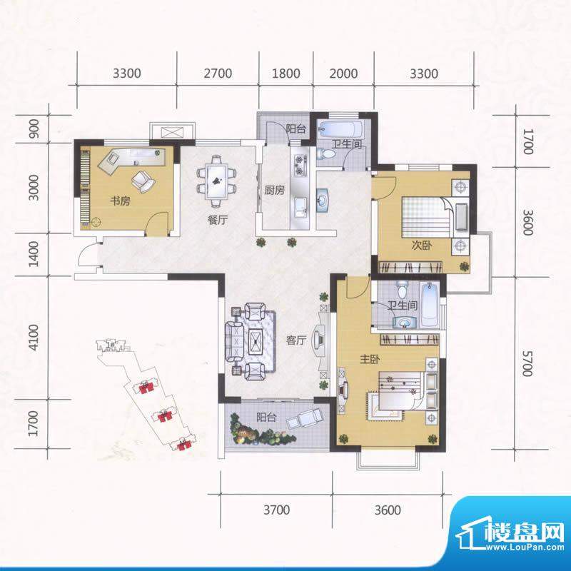 金水湾花园4#B2户型 3室2厅2卫面积:115.00平米