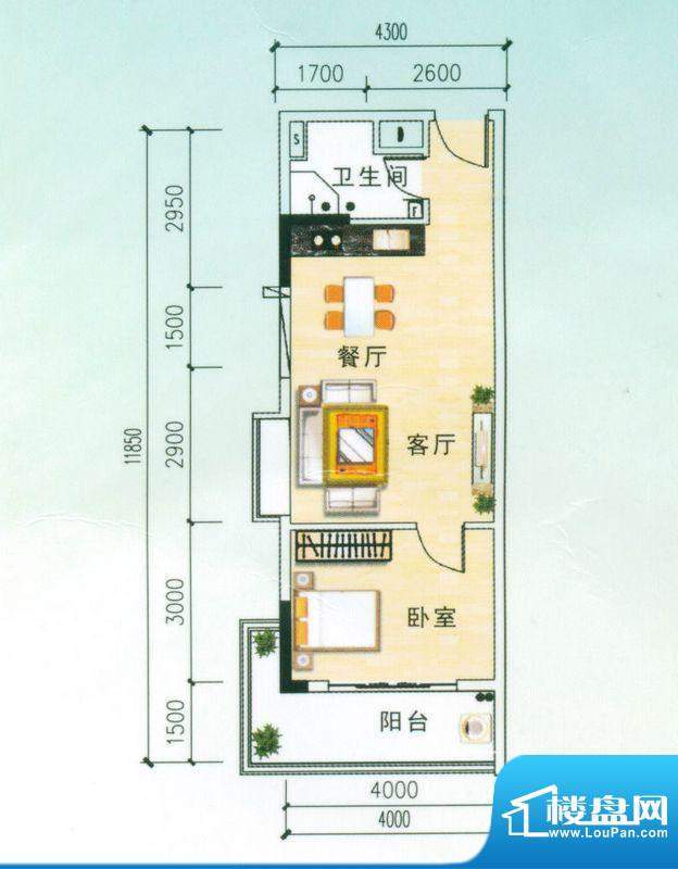 安博南方花园B户型 1室2厅面积:53.58平米