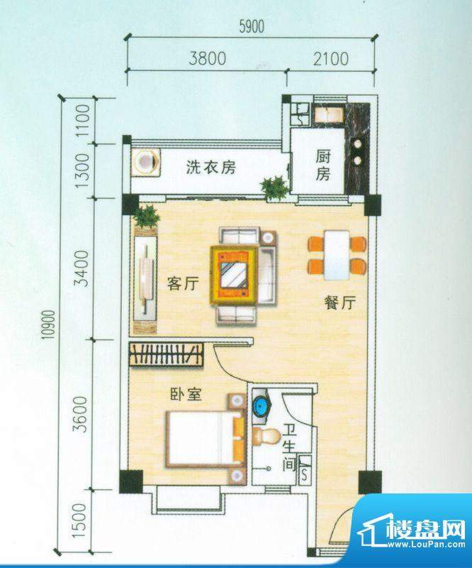 安博南方花园D2户型 1室2厅面积:66.01平米