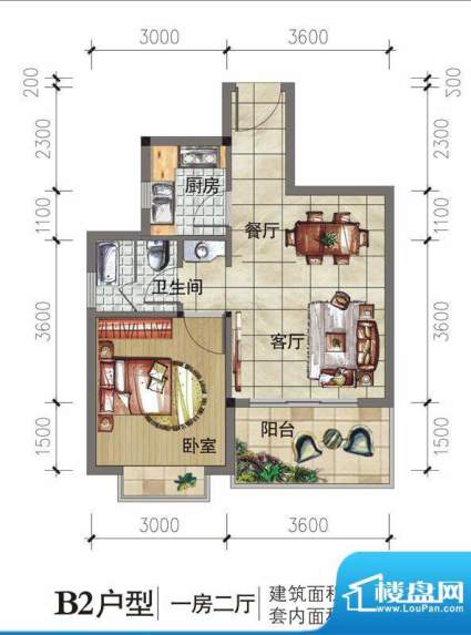 椰海明珠B2户型图 1室2厅1卫面积:51.80平米