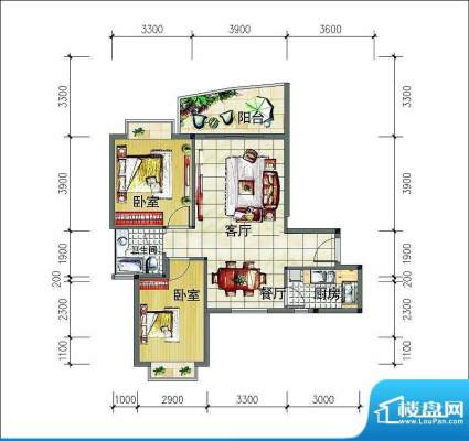 椰海明珠A2户型图 2室2厅1卫1厨面积:84.17平米