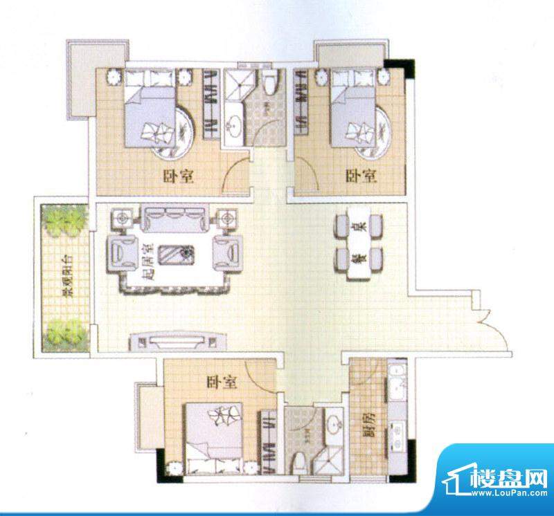 中宜大厦3房户型图 3室2厅2卫1面积:132.15平米