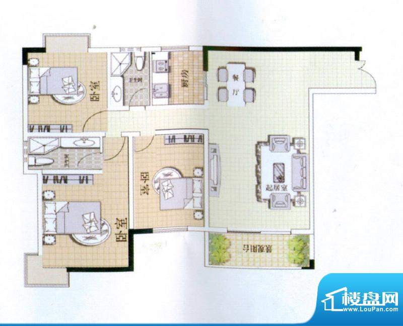 中宜大厦3房户型图 3室2厅2卫1面积:135.65平米