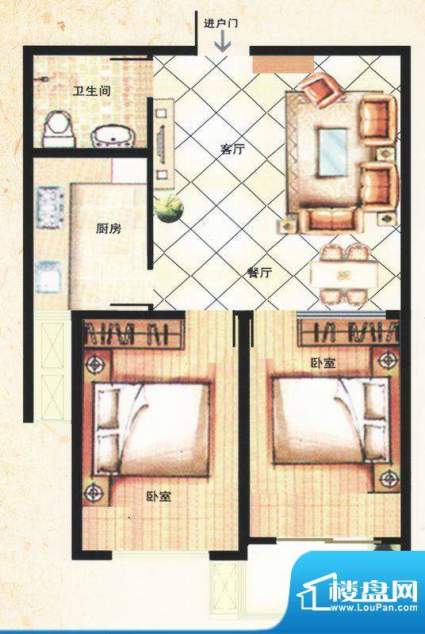 金马怡园高层D户型 2室2厅1卫1面积:82.00平米