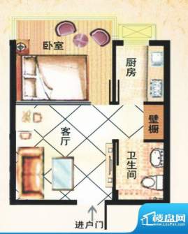 金马怡园高层E户型 1室1厅1卫1面积:38.00平米