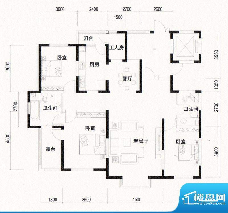 潍京A1户型 3室2厅2卫1厨面积:159.84平米