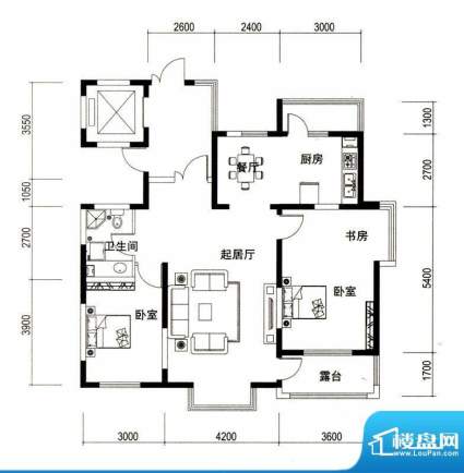潍京B户型 2室2厅1卫1厨面积:130.76平米