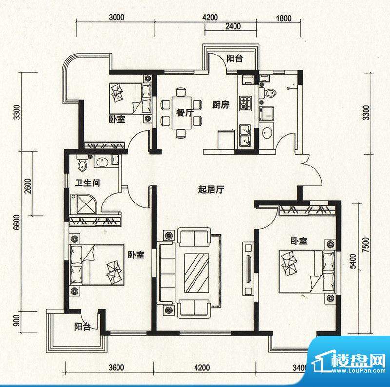 潍京C户型 3室2厅2卫1厨面积:153.68平米