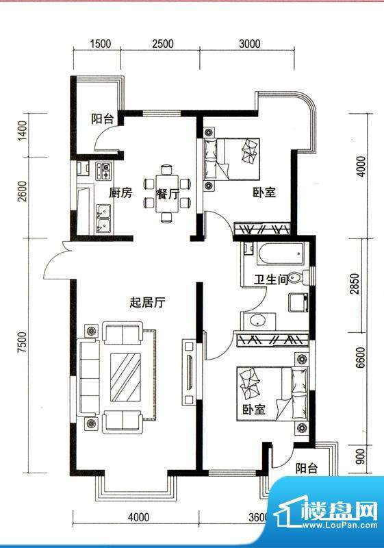 潍京D户型 2室2厅1卫1厨面积:121.50平米
