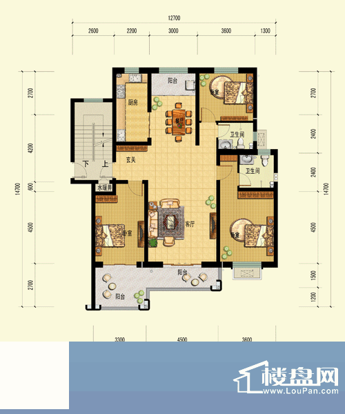 当代帝中海A户型3层 3室2厅2卫面积:317.96平米