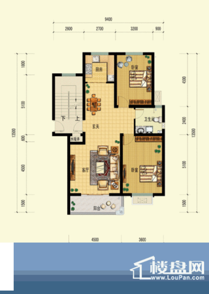 当代帝中海D户型3层 2室2厅1卫面积:216.98平米