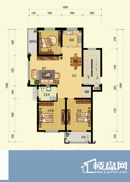 当代帝中海B户型3层 3室2厅1卫面积:238.50平米