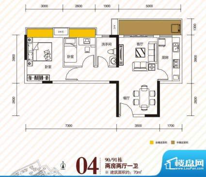 江南第一城90、91栋标准层04户面积:70.00平米