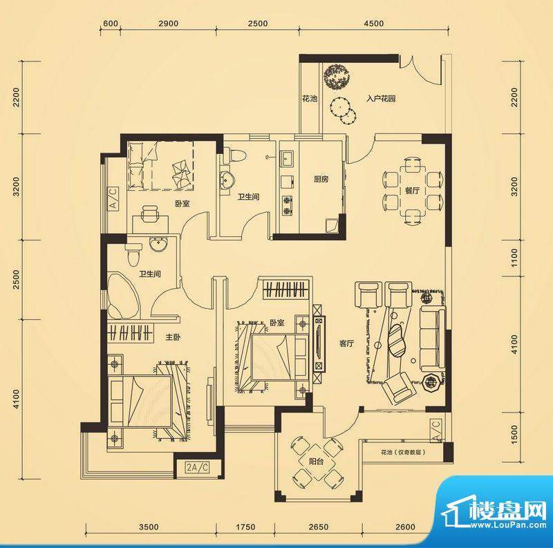 江南第一城82栋标准层1单元04、面积:123.00平米