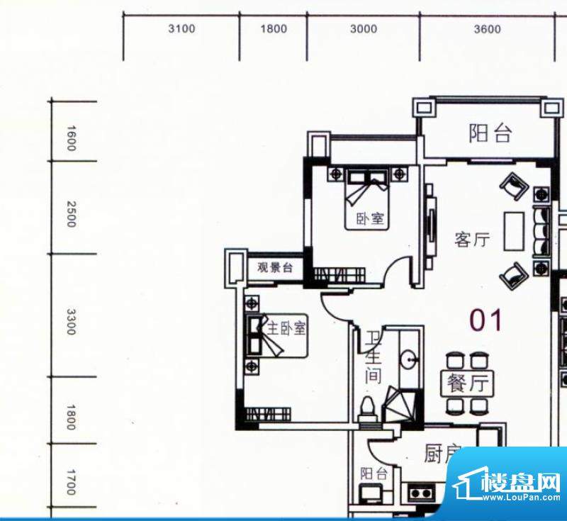 阳光粤港二期30栋3层01户型 2室面积:82.20平米