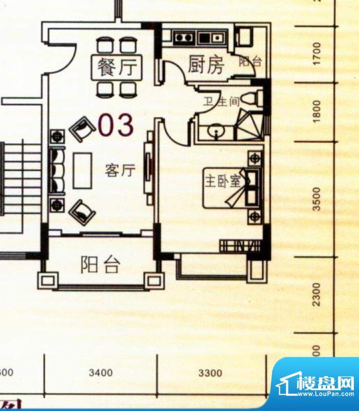 阳光粤港二期30栋3层03户型 1室面积:56.07平米