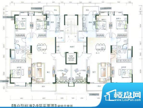 清华居B户型标准2-9平面图 4室面积:157.04平米