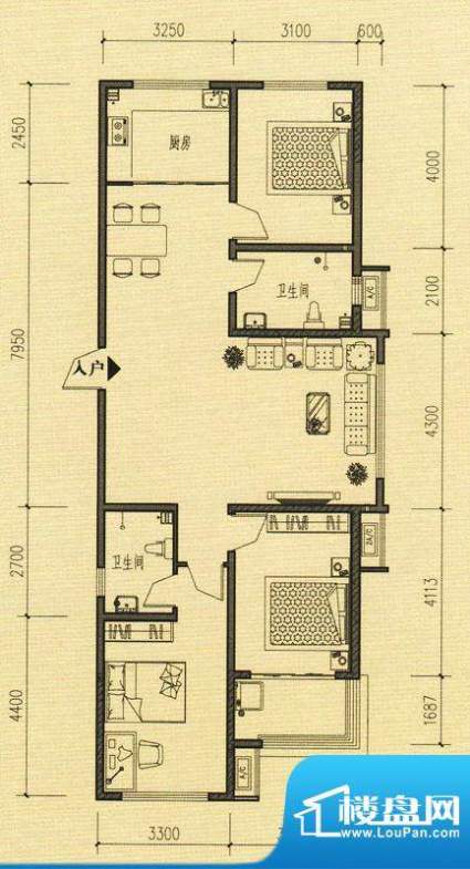 东方公寓A座标准层A户型 3室2厅面积:137.65平米