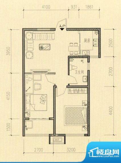 东方公寓A座标准层B户型 2室2厅面积:74.22平米