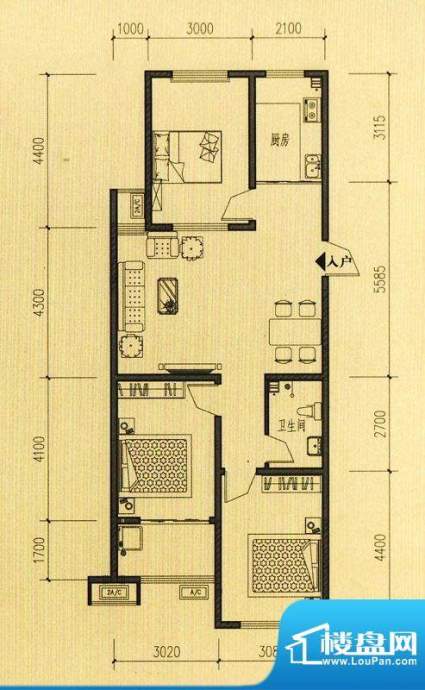 东方公寓A座标准层C户型 3室2厅面积:110.54平米