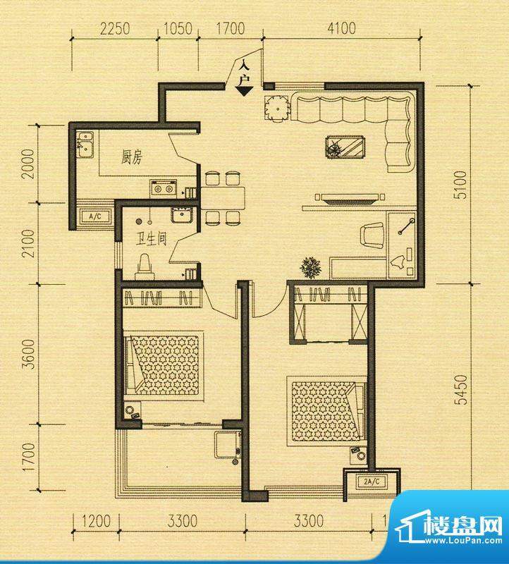 东方公寓B座标准层F户型 2室2厅面积:94.97平米