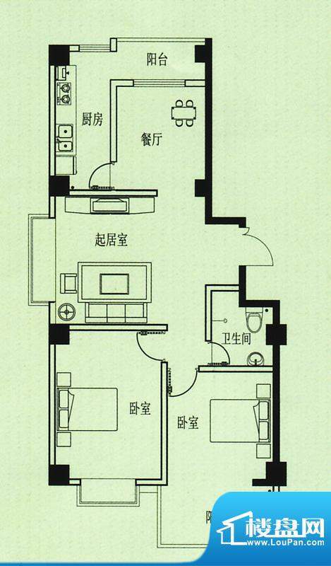 五洲花园户型图 2室2厅1卫1厨面积:94.00平米
