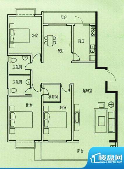 五洲花园户型图 3室2厅1卫1厨面积:143.00平米