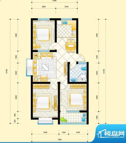 三友华锦苑二期多层D户型 3室1面积:91.41平米