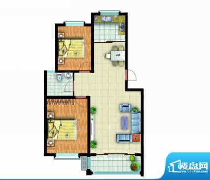 青云紫府户型5 2室2厅1卫1厨面积:95.00平米