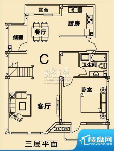 开元麓郡C户型 三层平面 4室2厅面积:216.14平米