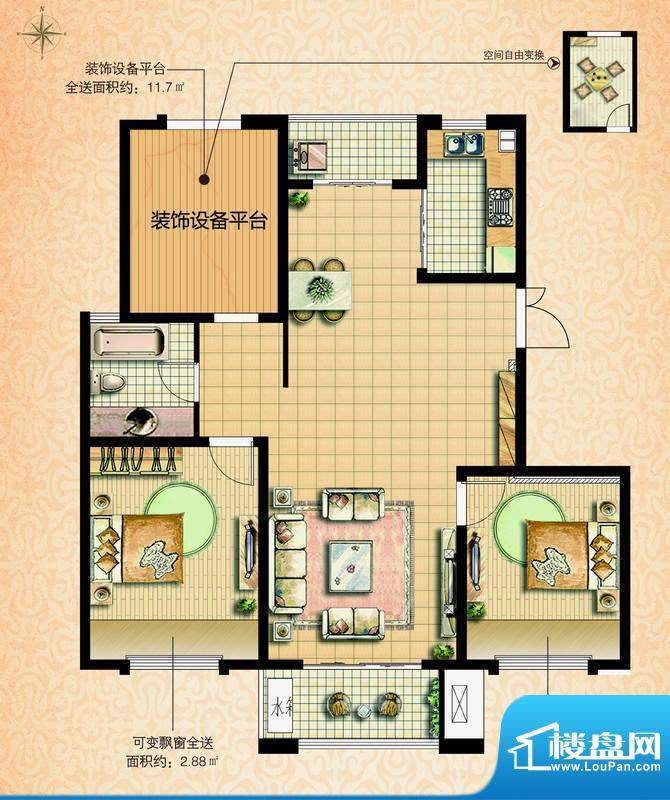 国基城邦39#清丽居户型图 2室2面积:108.00平米