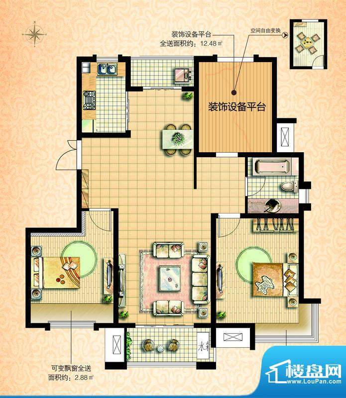 国基城邦39#清扬居户型图 2室2面积:114.00平米